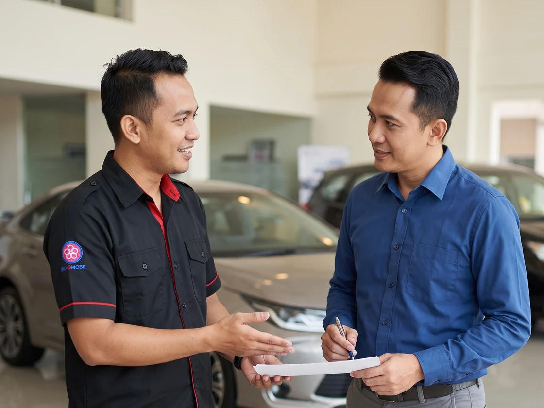 Petugas INDORENT mendampingi pelanggan menandatangani dokumen sewa kendaraan di showroom