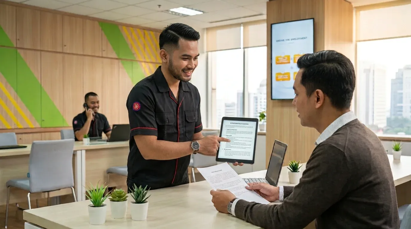 INDORENT staff explaining insurance coverage to a car rental customer at the office