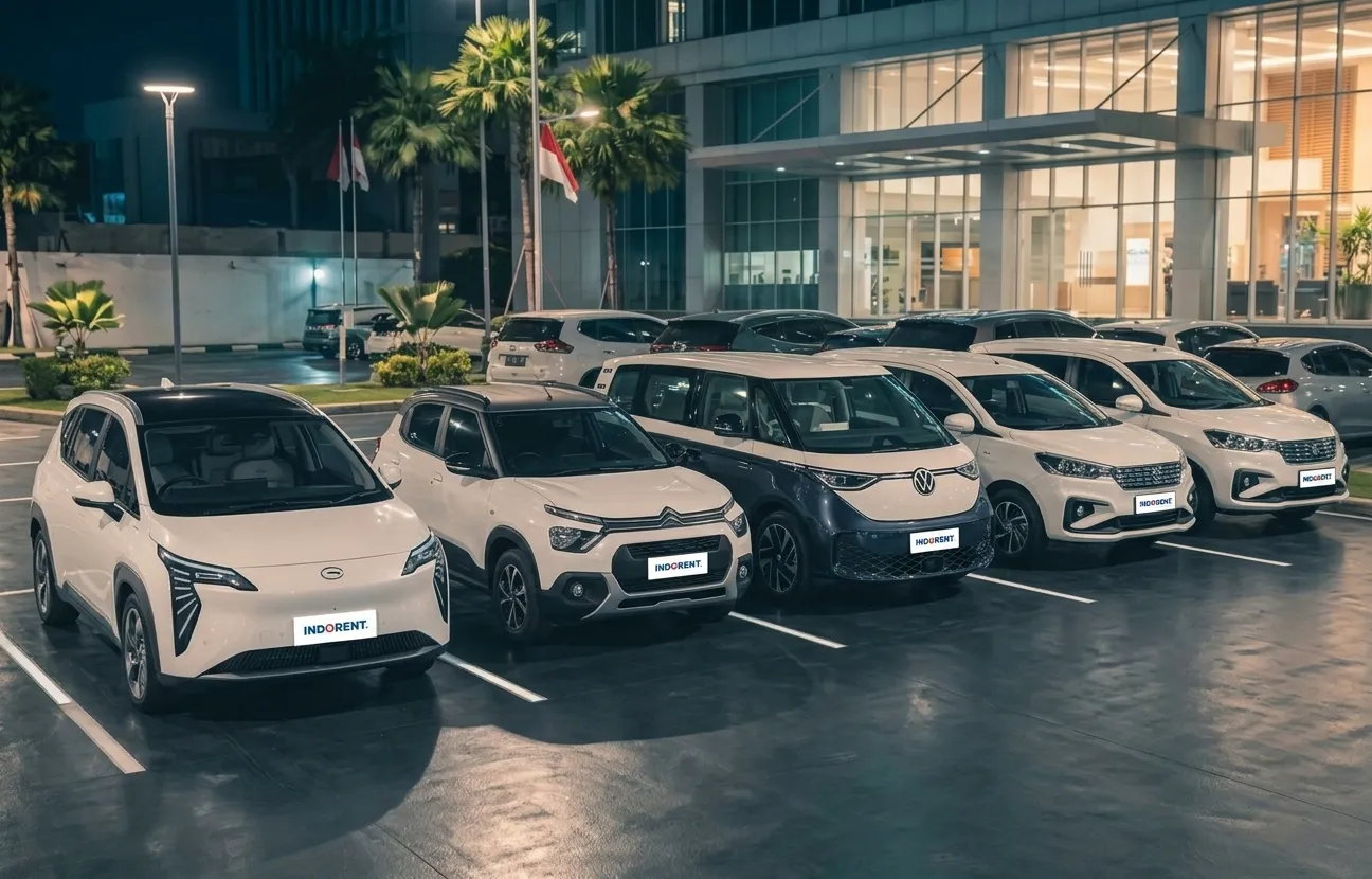 A row of INDORENT fleet SUVs parked outside an office building at night
