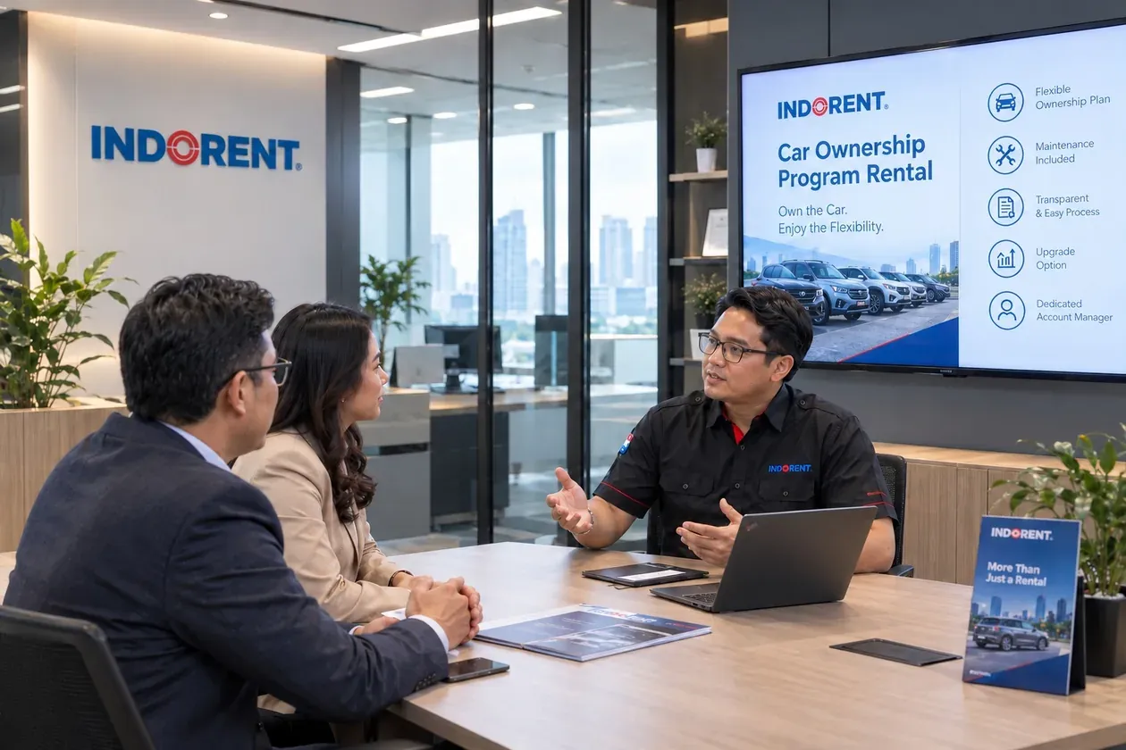 An INDORENT officer explains the car rental programme with a vehicle ownership option to corporate clients in a meeting room