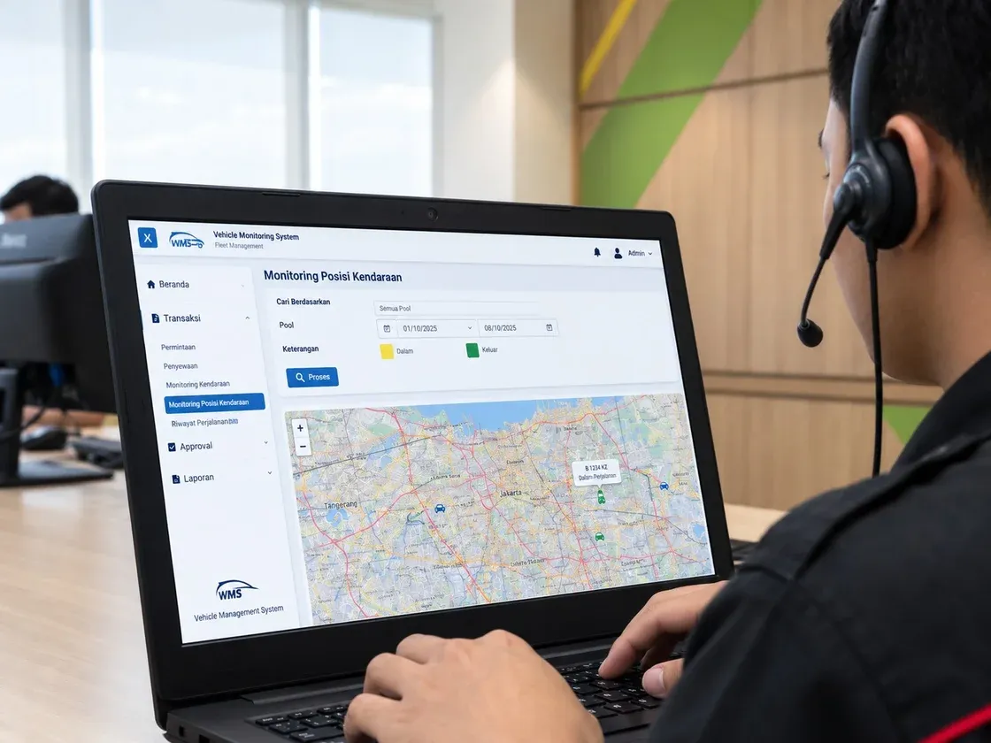 An INDORENT dispatcher tracks vehicle positions in the Vehicle Management System app