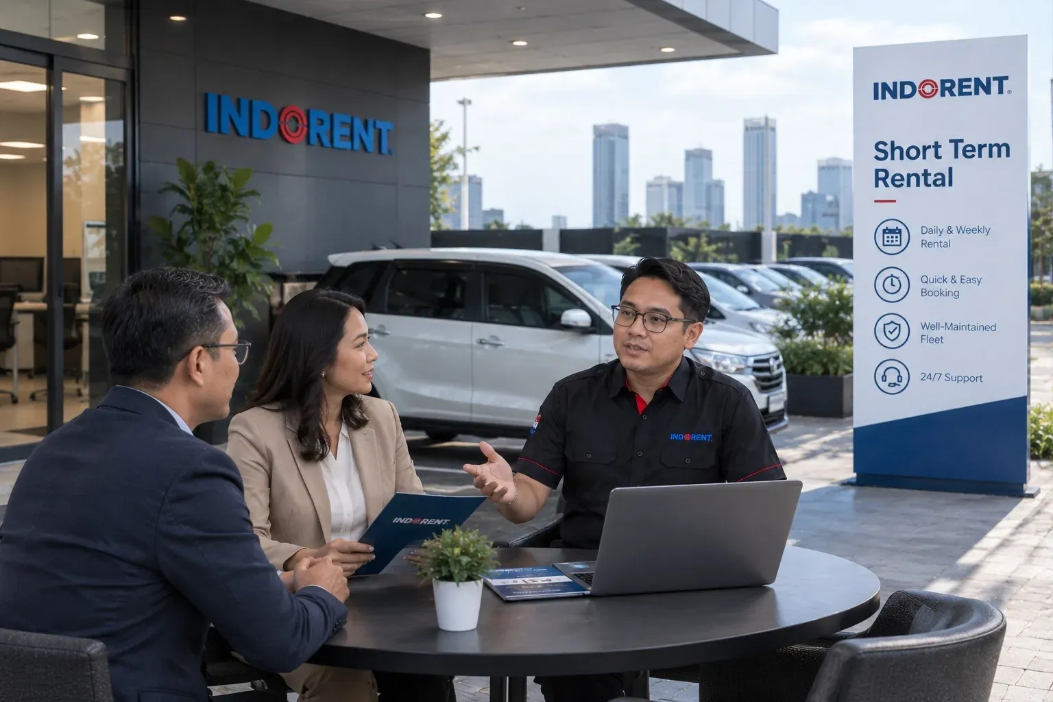 An INDORENT officer discusses short-term car rental options with clients outside the office