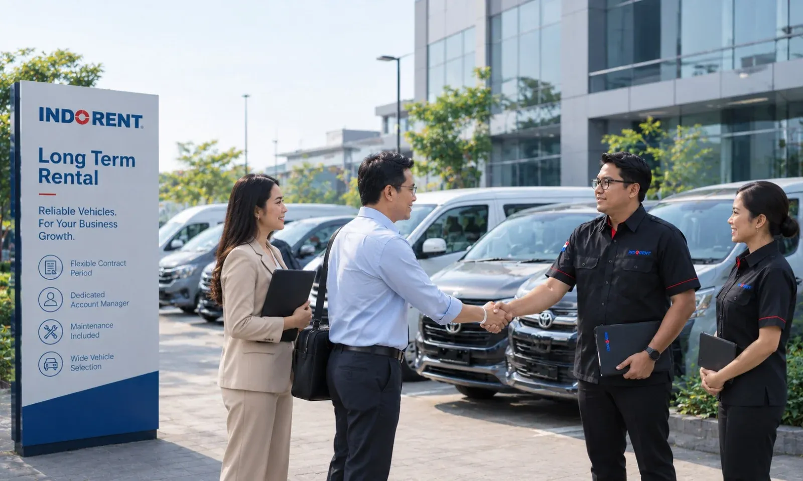 A uniformed INDORENT officer shakes hands with a corporate client in front of a row of long-term rental vehicles