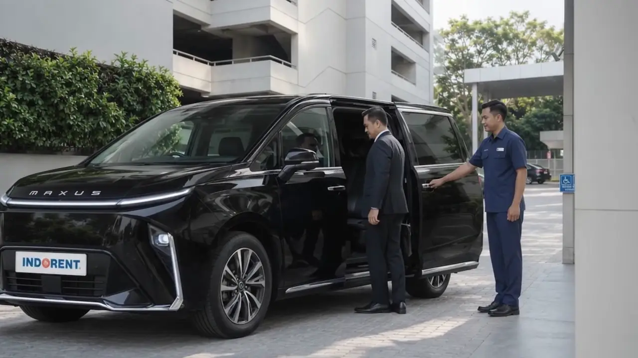 An INDORENT chauffeur opens the door of an MPV for a corporate executive
